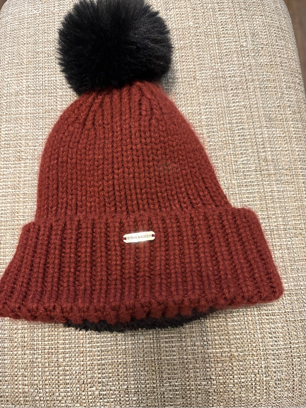 Steve Madden Black Sherpa Lined Beanie with Rust Trim